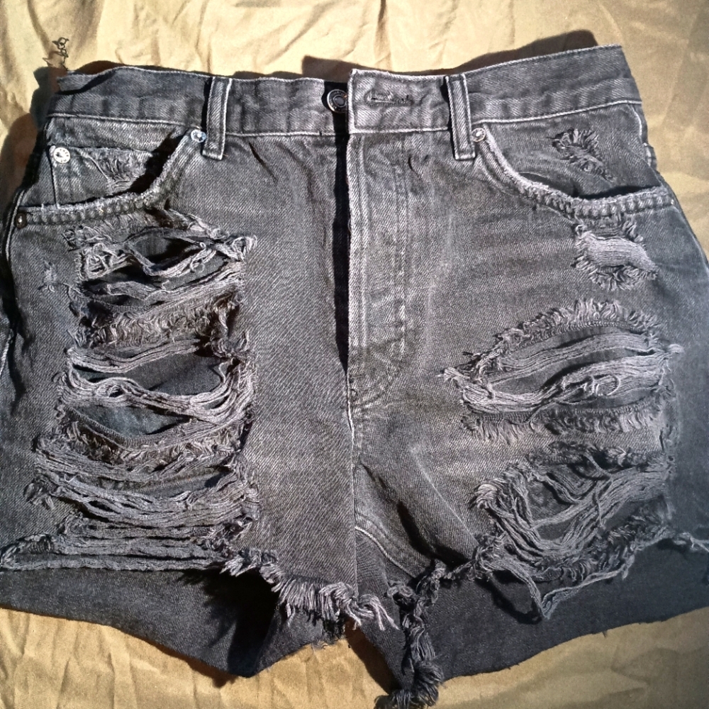 We The Free Black Distressed Button Fly Denim Shorts Size 26